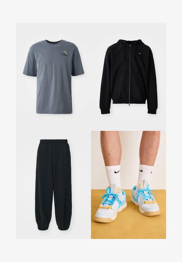 Černá mikina s kapucí na zip vyrobená z měkké tkaniny, s šňůrkovou kapucí, dlouhými rukávy, přední klokaní kapsou a malým bílým logem na hrudi.; Šedé tričko s krátkým rukávem vyrobené z bavlny, s malým vyšívaným logem a květinovým vzorem na levé části hrudi.; Černé teplákové kalhoty s elastickým pasem, volným střihem, manžetami na kotnících, hladkým povrchem a bez viditelných vzorů či kovových detailů.; Světle modré tenisky s hnědými podešvěmi, které mají výrazné tyrkysové tkaničky a žluté akcenty. Texturované materiály a viditelné vzduchové polstrování.