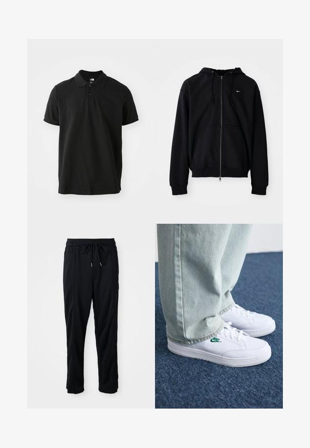 Juodas zip-up gobtuvėlis, pagamintas iš minkštos medžiagos, turintis raišteliu reguliuojamą gobtuvą, ilgomis rankovėmis, priekinę kengūros kišenę ir mažą baltą logotipą ant krūtinės.; Juoda polo marškinėliai, pagaminti iš medvilnės, su klasikiniais apykaklės kraštais, trumpomis rankovėmis ir subtiliu tamsiu logotipu ant krūtinės. Lygi tekstūra.; Juodos laisvos kelnės su raišteliu liemens, šoninėmis kišenėmis ir tiesiu kirpimu ant vienodos fono.; Balti odiniai sportbačiai su žaliu Nike logotipu, apvalia nosimi, plokščiu padu, derinami su šviesiai mėlynomis džinsinėmis kelnėmis, rodomi ant mėlynos kiliminės dangos.