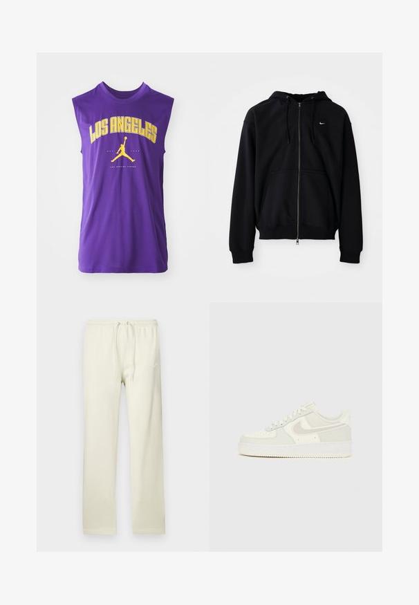 Hoodie preto com fecho éclair, feito de tecido macio, com capuz ajustável, mangas longas, bolso canguru na frente e pequeno logotipo branco no peito.; Camisola sem mangas roxa com a inscrição "LOS ANGELES" em grandes letras amarelas, um logotipo preto da Jordan e uma textura de tecido suave e leve.; Calças de treino bege claro com cintura ajustável por cordão, feitas de material macio. Apresentam um discreto logótipo Nike branco na coxa esquerda.; Ténis Nike Air Force 1 brancos com parte superior em pele lisa, detalhes cinza claro, perfurações no bico e sola de borracha texturada.