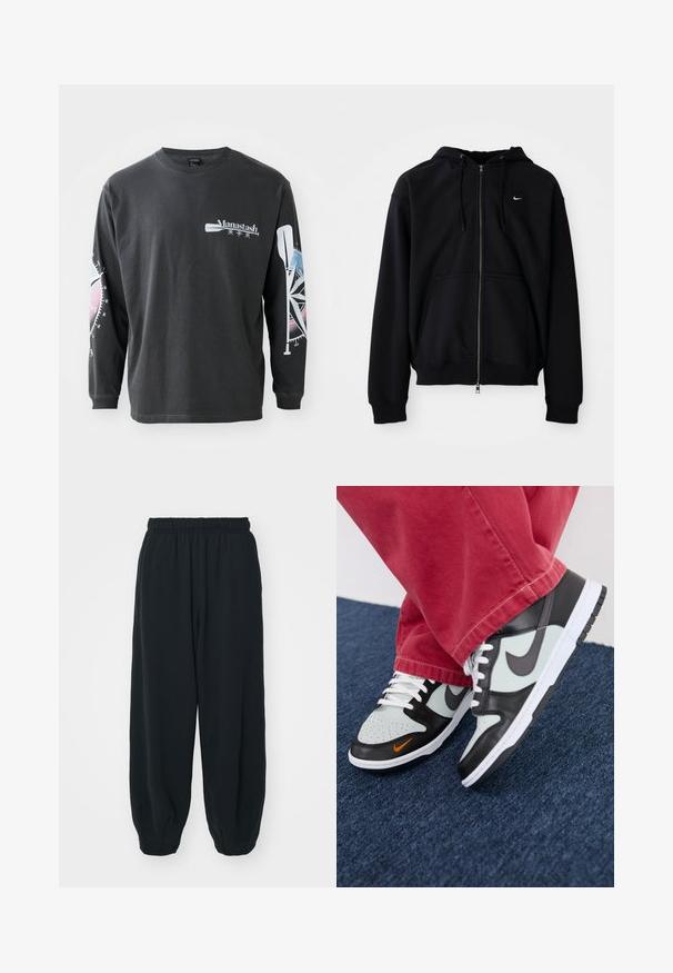 Schwarze Zip-Hoodie aus weichem Stoff, mit einer verstellbaren Kapuze, langen Ärmeln, einer vorderen Kängurutasche und kleinem weißen Logo auf der Brust.; Langärmliges schwarzes Baumwoll-T-Shirt mit einem Logo auf der Vorderseite und Grafiken eines Kompasses und eines Paddels auf den Ärmeln in Blau- und Pinktönen.; Schwarze Sweatpants mit elastischem Bund, lockerer Passform, gerippten Beinabschlüssen, glatter Textur und ohne sichtbare Muster oder Hardware-Akzente.; Nike Sportswear NIKE DUNK LOW UNISEX - Sneaker low - black/med ash/light silver/bright mandarin/summit white/white