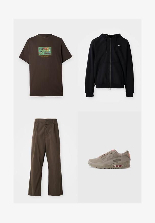 Sort zip-up hoodie lavet af blødt stof, med en snøre i hætten, lange ærmer, front kangaroo-lomme og lille hvidt logo på brystet.; Brun bomulds t-shirt med et farverigt grafisk motiv af frugter og blade. Korte ærmer, afslappet pasform og rund hals.; Brune, brede bukser i bomuld med knaplukning foran, bæltestropper og en glat, mat tekstur.; Nike Air Max sneakers i lys brun, lavet af lædermateriale, med teksturerede overlays, lyserøde detaljer og synlig air-dæmpning i sålen.