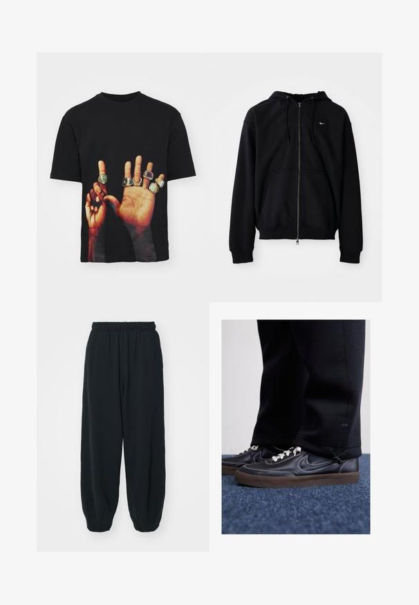 Sort zip-up hoodie lavet af blødt stof, med en snøre i hætten, lange ærmer, front kangaroo-lomme og lille hvidt logo på brystet.; Sort kortærmet t-shirt med et grafisk print af hænder, der viser flere ringe i forskellige metalfarver og design.; Sorte svedbukser med elastisk talje, løs pasform, afsluttede ankler, glat tekstur og uden synlige mønstre eller hardware-detaljer.; Nike Sportswear KILLSHOT 2 LTR PRM OPP2 - Sneakers - black sail baroque brown mtlc dk grey