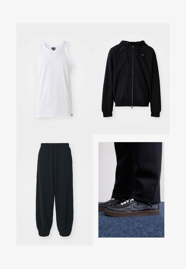 Hoodie preto com fecho éclair, feito de tecido macio, com capuz ajustável, mangas longas, bolso canguru na frente e pequeno logotipo branco no peito.; Ellesse TOMIS - Top - white; Calças de fato de treino pretas, com cintura elástica e um corte solto, com punhos nas pernas, textura suave e sem padrões visíveis ou detalhes de metal.; Nike Sportswear KILLSHOT 2 LTR PRM OPP2 - Sapatilhas - black sail baroque brown mtlc dk grey