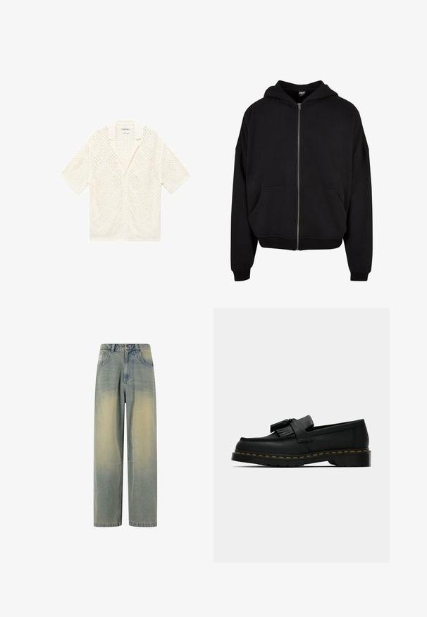 Hanorac negru cu fermoar, cu glugă, mâneci lungi și două buzunare frontale. Fabricat dintr-un material moale din bumbac, cu manșete și tiv din tricot.; Cardigan din tricot cu mânecă scurtă, de culoare ivory, având un model deschis asemănător dantelei și un guler cu tăietură. Se închide cu nasturi în față și are un design lejer.; Top din bumbac alb, fără mâneci, cu decolteu rotund și bretele late, asortat cu pantaloni bej deschis, cu un nasture și pliu.; Jeans din denim de un albastru deschis, cu un efect de degradé estompat, având cinci buzunare și o talie clasică cu bucle pentru centură.; Mocasini negri din piele cu ciucuri, cusături galbene pe marginea tălpii și o talpă exterioară groasă, zimțată din cauciuc.