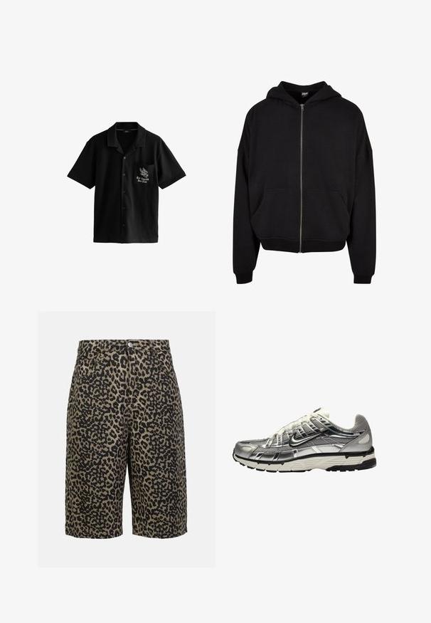 Zwarte zip-up hoodie met een capuchon, lange mouwen en twee voorzakken. Gemaakt van een zachte katoenmix met ribgebreide cuffs en zoom.; Zwart overhemd met korte mouwen van zacht materiaal, met een knoopsluiting aan de voorkant, puntige kraag en een borstzak aan de linkerkant met een adelaar en tekstontwerp.; Witte katoenen tanktop met een ronde halslijn en brede bandjes, gecombineerd met lichtbeige broeken met een knoop en plooien.; Leopardprint spijkershorts in aardetinten, met een knoopsluiting, vijf zakken en een relaxte pasvorm.; Zilveren en zwarte sportschoen met een bovenwerk van mesh en synthetisch materiaal, een volumineus ontwerp en een gestructureerde afwerking. Voorzien van een gevoerde kraag en een rubberen zool.
