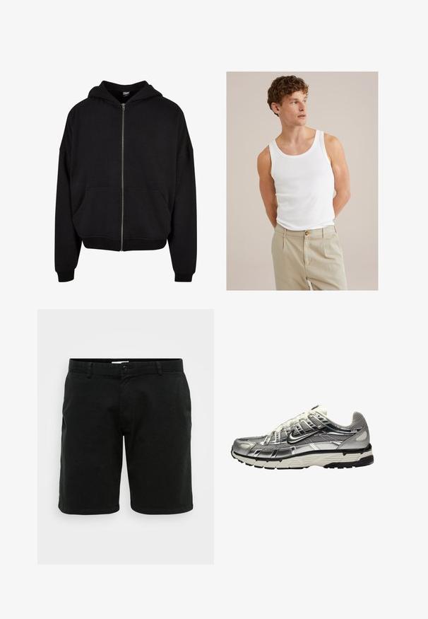 Sudadera negra con cremallera, con capucha, mangas largas y dos bolsillos frontales. Fabricada en una suave mezcla de algodón con puños y dobladillo acanalados.; Top de algodón blanco sin mangas con escote redondo y tirantes anchos, emparejado con pantalones ligeros color beige que presentan un botón y pliegues.; Pantalones cortos de algodón negros con corte recto. Cuentan con cierre de botón y trabillas para cinturón. Textura suave y longitud ligeramente por encima de la rodilla.; Zapatilla deportiva en plata y negro con una parte superior de malla y sintético, diseño voluminoso y acabado texturizado. Presenta un cuello acolchado y suela de goma.