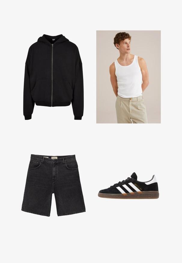Felpa nera con zip, cappuccio, maniche lunghe e due tasche frontali. Realizzata in morbido tessuto misto cotone con polsini e orlo a coste.; Top in cotone bianco con scollo tondo e spalline larghe, abbinato a pantaloni beige chiaro con bottone e pieghe.; Shorts in denim nero con taglio classico, caratterizzati da cinque tasche e chiusura con bottone. Tessuto testurizzato, finitura pulita e orlo dritto.; Sneaker Adidas nere con strisce bianche, testo "Spezial" dorato, suola in gomma e tab sul tallone bianco, mostrato in veduta laterale.