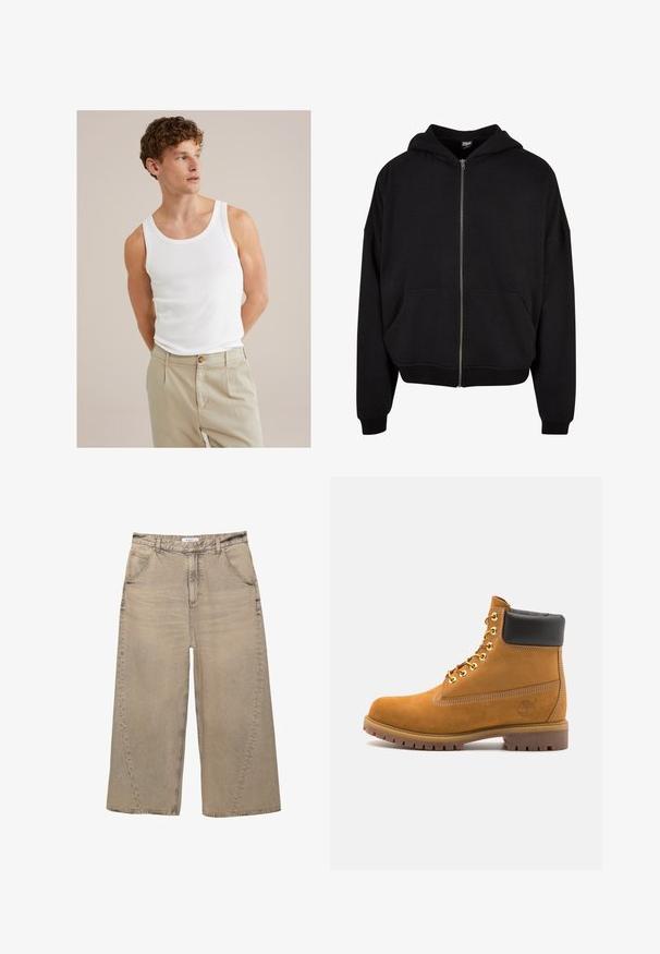 Fekete cipzáros kapucnis pulóver, hosszú ujjakkal és két elülső zsebbel. Puha pamut keverékből készült, bordázott mandzsettával és aljjal.; Fehér pamut trikó, kerek nyakkivágással és széles pántokkal, világos bézs nadrággal, amelynek gombja és redőzete van.; PULL&BEAR MEGA BAGGY - Túlméretezett farmernadrág - light grey; Barna velúr bokacipő fekete párnázott gallérral, arany fém fűzőlyukakkal, fehér varrási részletekkel és durva gumitalppal, amelynek kifejezett barázdái vannak.