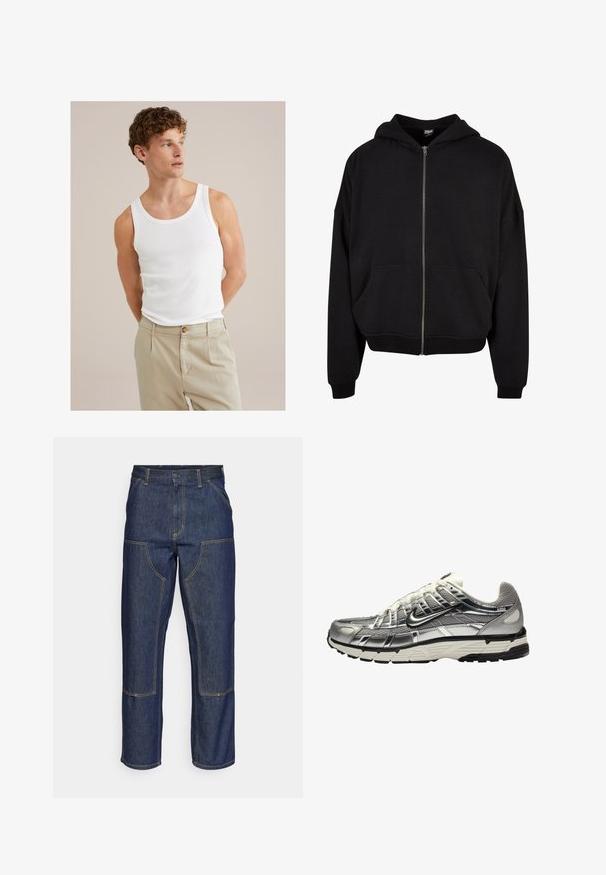 Sort zip-up hoodie med hætte, lange ærmer og to frontlommer. Fremstillet af blødt bomuldsblandingsstof med ribbede manchetter og kant.; Hvid bomulds tanktop med rund halsudskæring og brede stropper, kombineret med lysebeige bukser med knap og pressefolder.; Mørkeblå denim jeans med høj talje, lige ben-design, kontrastsyninger og lappelommer foran.; Sølv og sort atletisk sko med en overdel af mesh og syntetisk materiale, voluminøst design og en tekstureret finish. Har en polstret krave og gummisål.