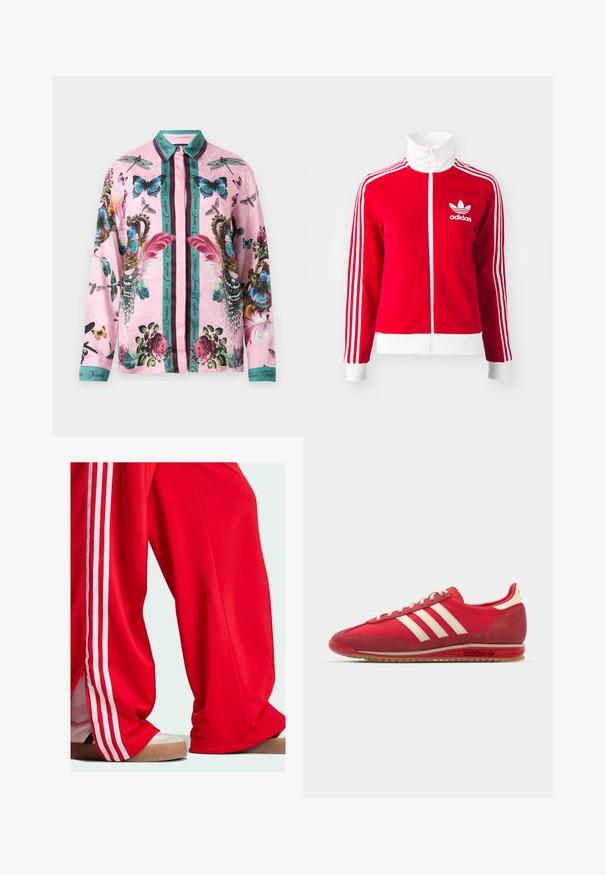 Punainen vetoketjullinen urheilu takki, jota on valmistettu sileästä materiaalista. Koristeena valkoiset yksityiskohdat ja kolme valkoista raitasuunnitelmaa hihansuissa. Adidas-logo esillä.; Vaaleanpunainen pitkähihaisen nappipaidan, jossa on teal-värinen kaulus ja hihansuut, koristeltu värikkäillä perhosilla, sudenkorennoilla, ruusuilla, höyhenillä, helmillä ja teal-värisillä pystysuorilla raidoilla.; Punaiset trainarit, joissa on valkoiset raidat sivuilla, löysällä istuvuudella ja vetoketjuyksityiskohdalla helman kohdalla. Käytetään vaaleansävyisten urheiluken-kien kanssa.; Punainen urheilukenkä, jossa on teksturoitu yläosa, kolme valkoista raitaa, pyöreä kärki ja kumipohja, jossa on logoyksityiskohtia sivulla.
