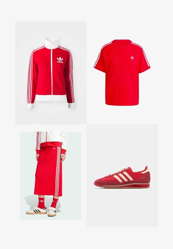 Červená zipová tréningová bunda vyrobená z hladkého materiálu. Má biele akcenty a tri biele pruhy na rukávoch. Zobrazené logo Adidas.; Červené bavlnené tričko s okrúhlym výstrihom, krátkymi rukávmi, bielymi trojprúžkovými akcentmi na pleciach a malým bielym logom na hrudi.; Červená pletená midi sukňa s tromi bielymi pruhmi po stranách, v kombinácii s bielymi teniskami a červenými ponožkami, predvádzajúca športový dizajn.; Červená športová teniska s textúrovaným zvrškom, tromi bielymi pruhmi, okrúhlou špičkou a gumovou podrážkou s logom na strane.