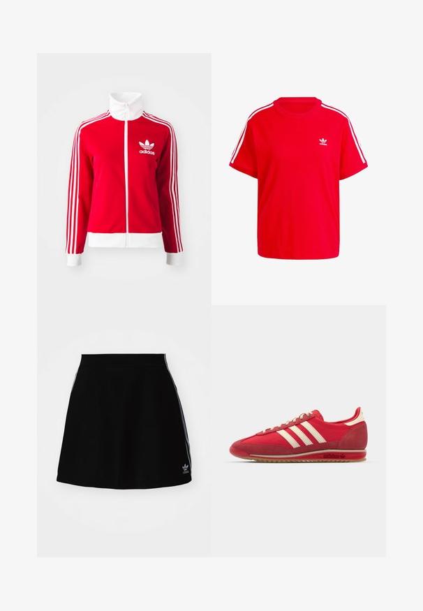 Sarkans zip-up sporta džemperis, izgatavots no gludas materiāla. Tam ir balti akcenti un trīs baltas svītras gar piedurknēm. Adidas logo ir redzams.; Sarkans kokvilnas T-krekls ar apaļu kakla izgriezumu, īsām piedurknēm, baltām trīs svītrām plecos un mazu baltu logotipu uz krūtīm.; Melnā sporta svārku ar izplatu dizainu, kurai ir baltas sānu svītras un izšūts logo apakšmalā. Izgatavots no gludas, elastīgas auduma.; Sarkans sporta apavu modelis ar teksturētu augšdaļu, trim baltām sliedēm, apaļu purngalu un gumijas zoli, ar logo detaļām sānos.
