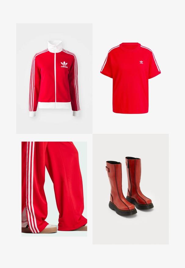 Red zip-up track jacket made of smooth material. Features white accents and three white stripe designs along the sleeves. Adidas logo displayed.; Red cotton t-shirt with a round neckline, short sleeves, white three-stripe accents on shoulders, and a small white logo on the chest.; Red track pants with white stripes along the sides, featuring a loose fit and zipper detail at the hem. Worn with light-colored athletic shoes.; Tall red leather boots with black thick soles, side zippers, and black stitching details, standing side by side on a white background.