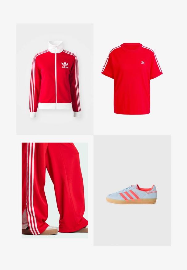 Červená zipová sportovní bunda vyrobená z hladkého materiálu. Obsahuje bílé akcenty a tři bílé pruhy podél rukávů. Zobrazeno logo Adidas.; Červené bavlněné tričko s kulatým výstřihem, krátkými rukávy, bílými třemi pruhy na ramenou a malým bílým logem na hrudi.; Červené tepláky s bílými pruhy po stranách, s volným střihem a zipovým detailem na spodním lemu. Nosené s světle zbarvenou sportovní obuví.; Světle modré semišové tenisky s třemi růžovými pruhy, gumovou podrážkou a prošívanými detaily. Mají polstrovaný límec a prvky retro designu.