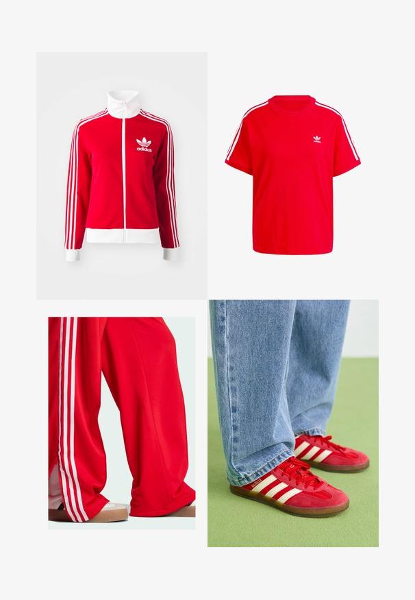 Czerwona kurtka sportowa na zamek, wykonana z gładkiego materiału. Posiada białe akcenty oraz trzy białe paski wzdłuż rękawów. Widoczne logo Adidas.; Czerwona bawełniana koszulka z okrągłym dekoltem, krótkimi rękawami, białymi akcentami w postaci trzech pasków na ramionach oraz małym białym logo na piersi.; Czerwone spodnie dresowe z białymi paskami po bokach, o luźnym kroju i z zamkiem błyskawicznym przy dolnym końcu. Noszone z jasnymi butami sportowymi.; Czerwone zamszowe trampki z trzema białymi paskami, okrągłym noskiem i teksturowaną podeszwą, zestawione z jasnoniebieskimi dżinsami na zielonym tle.