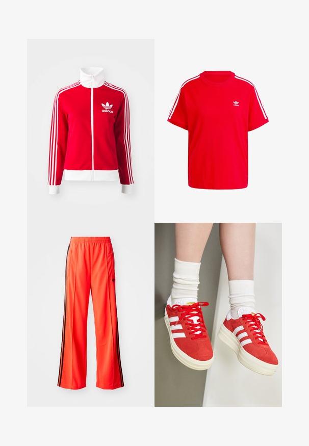 Červená zipová tréningová bunda vyrobená z hladkého materiálu. Má biele akcenty a tri biele pruhy na rukávoch. Zobrazené logo Adidas.; Červené bavlnené tričko s okrúhlym výstrihom, krátkymi rukávmi, bielymi trojprúžkovými akcentmi na pleciach a malým bielym logom na hrudi.; Jasne oranžové športové nohavice so širším strihom, so čiernymi bočnými pruhmi a elastickým pásom. Obsahujú tiež zipsovú kapsu.; adidas Originals GAZELLE BOLD - Tenisky - red/white