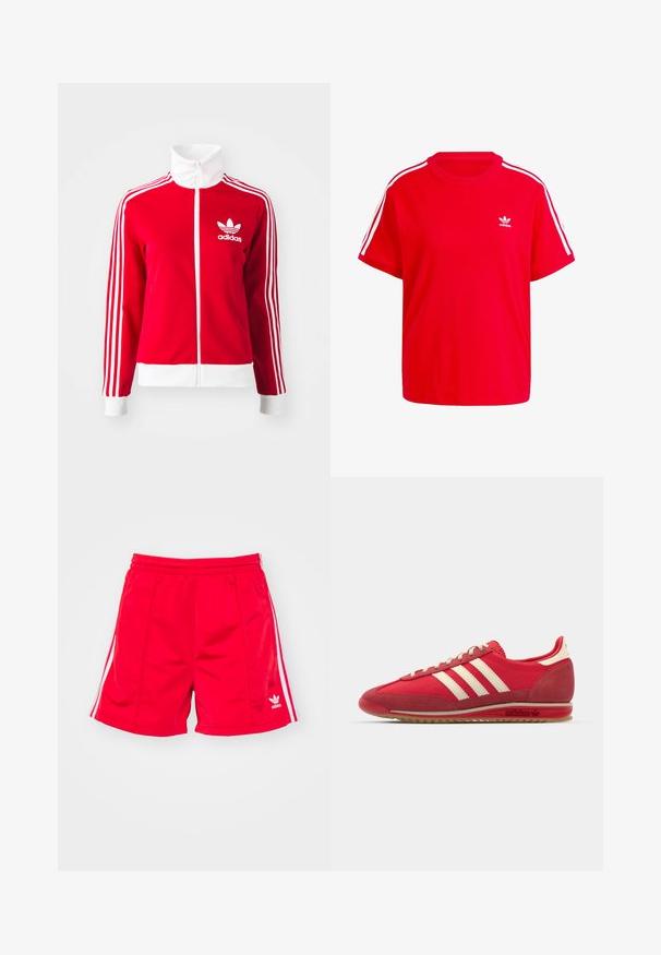 Giacca da track con zip rossa realizzata in materiale liscio. Presenta dettagli bianchi e tre strisce bianche lungo le maniche. Logo Adidas visibile.; T-shirt in cotone rosso con scollatura rotonda, maniche corte, dettagli a tre strisce bianche sulle spalle e un piccolo logo bianco sul petto.; Pantaloni sportivi rossi con elastico in vita, dotati di strisce bianche sui lati e un logo ricamato nella parte inferiore sinistra. Texture liscia.; Sneaker sportivo rosso con tomaia texturizzata, tre strisce bianche, punta rotonda e suola in gomma con dettagli del logo sul lato.