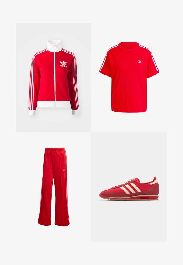 Czerwona kurtka sportowa na zamek, wykonana z gładkiego materiału. Posiada białe akcenty oraz trzy białe paski wzdłuż rękawów. Widoczne logo Adidas.; Czerwona bawełniana koszulka z okrągłym dekoltem, krótkimi rękawami, białymi akcentami w postaci trzech pasków na ramionach oraz małym białym logo na piersi.; Czerwone sportowe spodnie z szerokimi nogawkami, elastycznym pasem i boczną kieszenią na zamek. Zawierają małe białe logo po lewej stronie. Gładka faktura.; Czerwone sportowe sneakersy z fakturowaną cholewką, trzema białymi paskami, okrągłym noskiem i gumową podeszwą z detalami logo po boku.