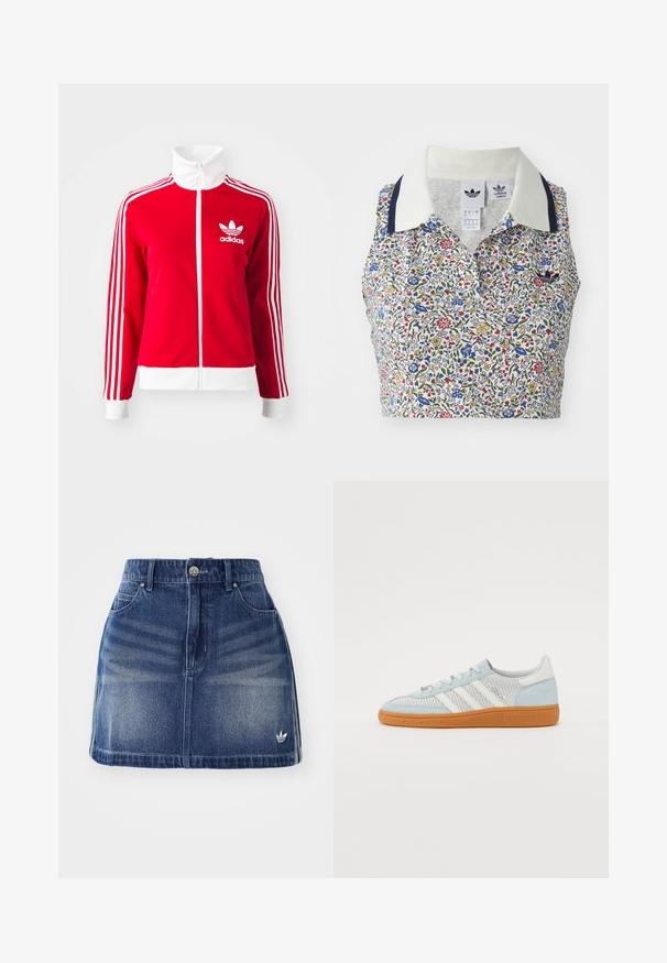 Punane tõmblukuga spordijakk, mis on valmistatud siledast materjalist. Omab valgeid aktsente ja kolme valget triipu disaini varrukatel. Adidas logo on väljas.; Lille lillekirja särgiga, millel on valge alus ja sinised, punased ning kollased lilled. Kuulub valge kaeluse koos tumesiniste aktsentidega ja tikitud logo.; Keskmise sinise tooniga teksaseelik, mille eesmine osa on veidi kulunud. Omab viit taskut, nööp sulgemist ja väikest valget logo äärisel.; Heledad sinine sneaker, mis on valmistatud võrgust ja seemisnahast. Omab kolme valget triipu, kummist õhtupoolset tallat ja tikandiga brändimist küljel.