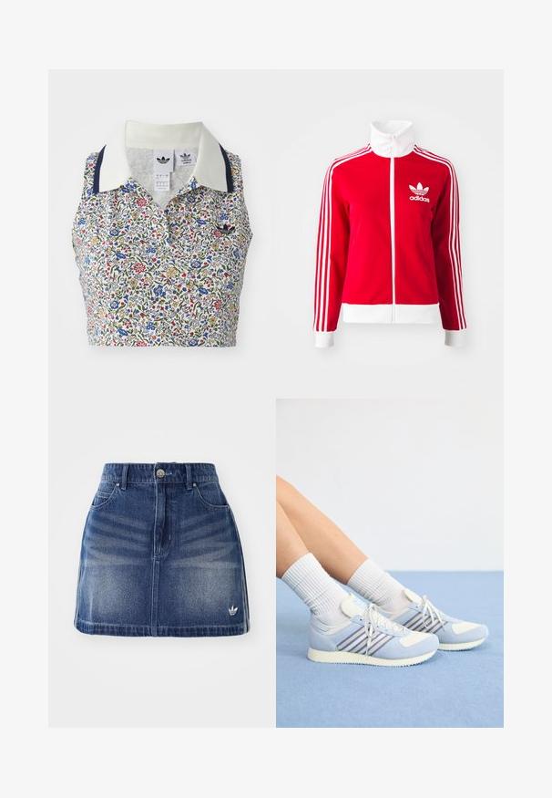 Vörös zipzáras sportdzseki sima anyagból. Fehér kiegészítők és három fehér csíkos mintázat található a hüvelyeken. Az Adidas logó látható.; Virágmintás crop top, amely tiszta fehér alappal rendelkezik, kék, piros és sárga virágokkal. Fehér gallérral és tengerészkék díszítéssel készült, valamint hímzett logóval ellátott.; Középkék farmer szoknya enyhén elhalványult elülső résszel. Öt zsebbel, gombos záródással és egy kis fehér logóval rendelkezik az alján.; Világoskék sportcipők fehér díszítéssel, három lila csíkkal, texturált anyaggal és puha, mintás talppal. Fehér, bordázott zoknival párosítva.
