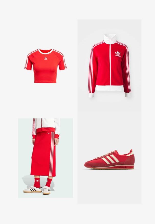 Červená zipová tréningová bunda vyrobená z hladkého materiálu. Má biele akcenty a tri biele pruhy na rukávoch. Zobrazené logo Adidas.; červené skrátené tričko vyrobené z bavlny, má krátke rukávy s bielymi pruhmi a biely golier, na prednej strane je biele logo Adidas.; Červená pletená midi sukňa s tromi bielymi pruhmi po stranách, v kombinácii s bielymi teniskami a červenými ponožkami, predvádzajúca športový dizajn.; Červená športová teniska s textúrovaným zvrškom, tromi bielymi pruhmi, okrúhlou špičkou a gumovou podrážkou s logom na strane.