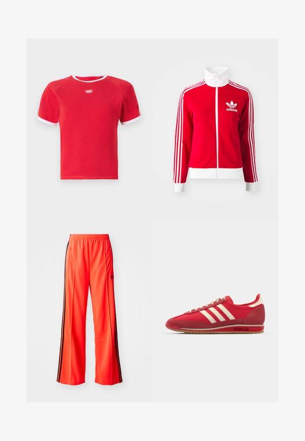 Červená zipová sportovní bunda vyrobená z hladkého materiálu. Obsahuje bílé akcenty a tři bílé pruhy podél rukávů. Zobrazeno logo Adidas.; Červené bavlněné tričko s bílým lemem u límce a rukávů. Má kulatý výstřih a logo uprostřed. Krátké rukávy.; Světlé oranžové sportovní kalhoty s širokým střihem, které mají černé postranní pruhy a elastický pas. Obsahují kapsu na zip.; Červená sportovní teniska s texturovaným svrchním materiálem, třemi bílými pruhy, kulatou špičkou a gumovou podrážkou s logem na boku.