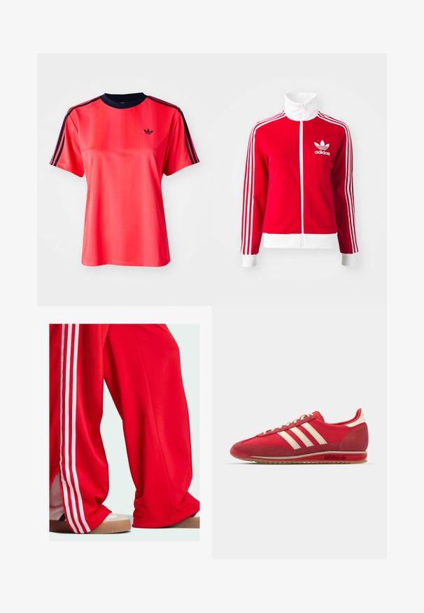 Raudona zip-up trenerių striukė, pagaminta iš lygaus medžiagos. Įkomponuoti balti akcentai ir trys balti dryželiai palei rankoves. Adidas logotipas.; Raudona sportinė marškinė su trumpomis rankovėmis, su vertikaliomis juostelėmis, tamsiai mėlynu apykakle ir mažuoju juodu logotipu priekyje.; Raudoni sportiniai kelnių su baltais juostelėmis šoninėse dalyse, laisvo kirpimo ir su užtrauktuku apatinėje dalyje. Dėvimi su šviesių spalvų sportiniais batais.; Raudoni sportiniai bateliai su tekstūruotu paviršiumi, trimis baltais dryžiais, apvalia nosimi ir guminėmis padais, su logotipo detalėmis šone.
