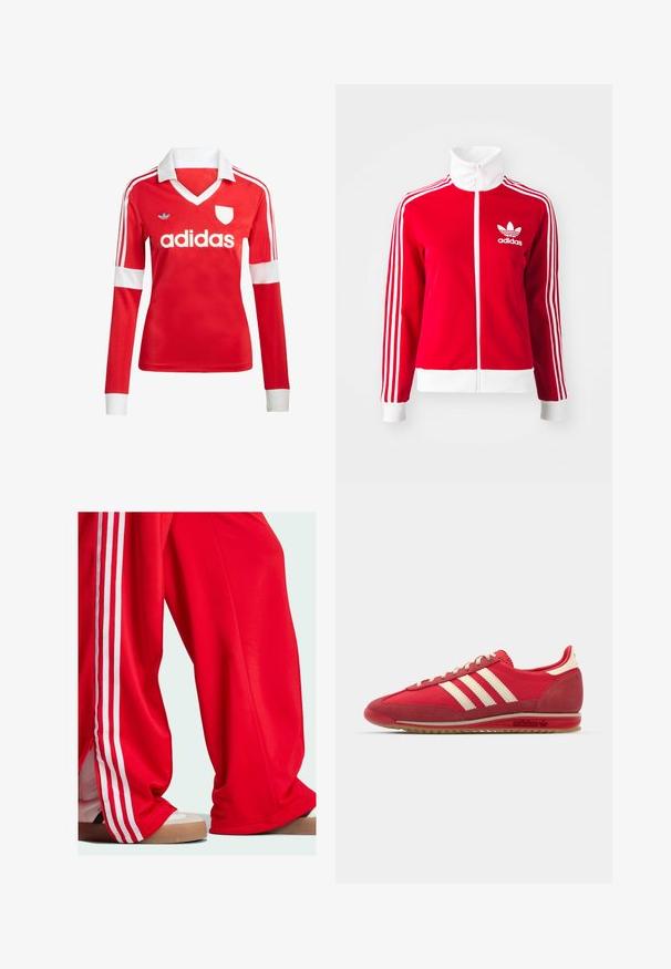 Raudona zip-up trenerių striukė, pagaminta iš lygaus medžiagos. Įkomponuoti balti akcentai ir trys balti dryželiai palei rankoves. Adidas logotipas.; Raudonas ilgomis rankovėmis futbolo marškinėlis su baltu apykaklės ir rankovių kraštu. Ant pečių yra trys baltos juostos, o aiškiai matomas "adidas" logotipas.; Raudoni sportiniai kelnių su baltais juostelėmis šoninėse dalyse, laisvo kirpimo ir su užtrauktuku apatinėje dalyje. Dėvimi su šviesių spalvų sportiniais batais.; Raudoni sportiniai bateliai su tekstūruotu paviršiumi, trimis baltais dryžiais, apvalia nosimi ir guminėmis padais, su logotipo detalėmis šone.