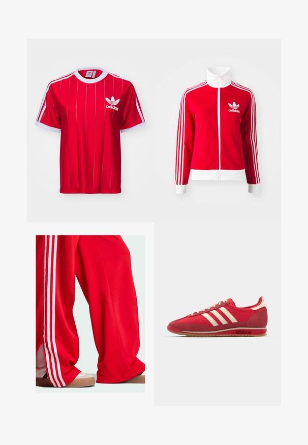 Rote Kapuzenjacke aus glattem Material mit Reißverschluss. Verfügt über weiße Akzente und drei weiße Streifenmuster entlang der Ärmel. Adidas-Logo sichtbar.; adidas Originals 3 S TEE - T-Shirt print - better scarlet; Rote Jogginghose mit weißen Streifen an den Seiten, mit lockerem Sitz und Reißverschlussdetails am Saum. Getragen mit hellen Sportschuhen.; Rote Sportsneaker mit strukturiertem Obermaterial, drei weißen Streifen, runder Zehenpartie und einer Gummisohle mit Logodetails an der Seite.