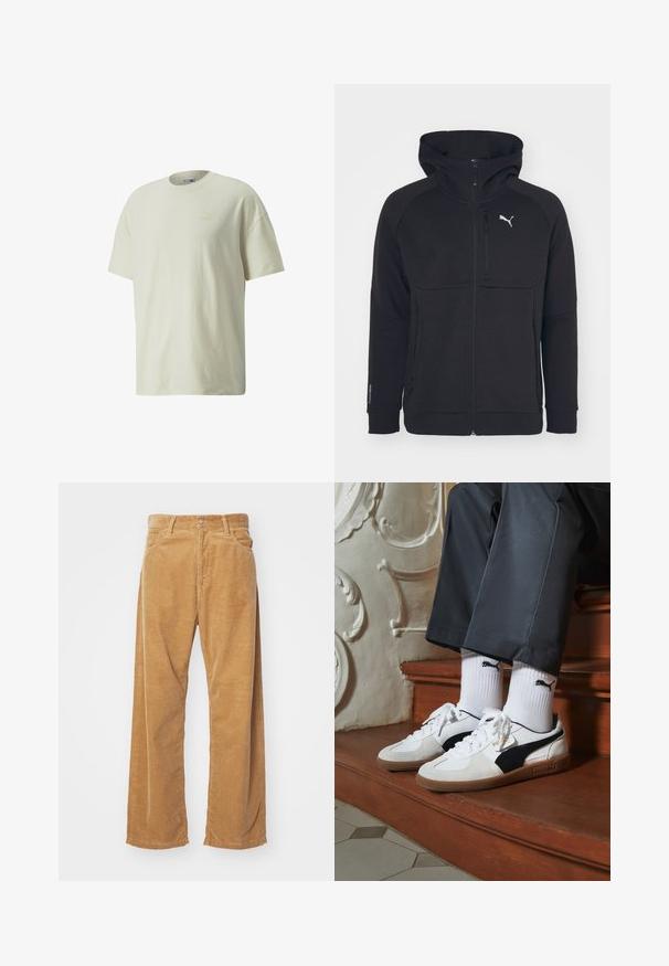 Crna majica na zip od mekog materijala, s kapuljačom, bočnim džepovima i bijelim logom na lijevoj strani prsiju. Glatka tekstura s modernim krojem.; Majica od pamučne tkanine u krem boji s klasičnim okruglim izrezom, kratkim rukavima i suptilnim Puma logotipom u svjetlijoj nijansi na prsima.; Pamučne široke hlače od kordura u boji tamne bež. Imaju teksturirane, vertikalne pruge, standardni pojas i dva prednja džepa.; Puma tenisice u bijelom i crnom nubuku, s smešnim gumastim potplatom. Uparene su s bijelim čarapama s crnim logom, nosene uz tamne hlače.