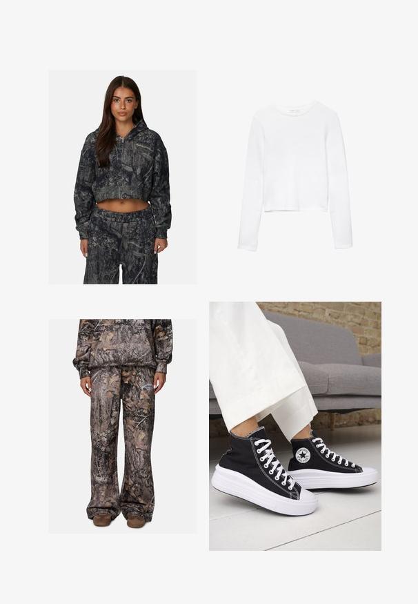 Haut de sweatshirt zippé coupé dans un gris foncé avec un motif camouflage représentant des branches et des feuilles. Fabriqué en tissu doux avec une finition texturée.; Chemisier blanc à manches longues, cropped, en tissu doux, avec un col rond et un design simple et intemporel sans embellissements.; Pantalons de jogging à motif camouflage avec une coupe décontractée, fabriqués dans un matériau doux aux teintes de brun, gris et beige. Comprend des poches latérales.; Baskets montantes noires avec semelles et lacets en caoutchouc blanc. Dotées d'un patch logo rond et de surpiqûres blanches contrastantes. Matière en toile.