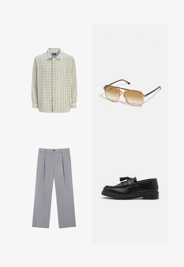 Námořnická modrá mikina s kapucí na zip, vyrobená z měkké bavlněné směsi. Má přední klokankovou kapsu, žebrované manžety a prostornou kapuci.; Hedvábná košile v krémové barvě s černým kostkovaným vzorem. Vyrobena z lehkého materiálu, má límečkový výstřih a dlouhé rukávy.; Šedé skládací kalhoty s volným střihem, vyrobené z lehkého materiálu. Obsahují přední kapsy a knoflíkovou uzávěrku v pase.; Černé kožené mokasíny s třásněmi, prošívanými detaily podél okraje a silnou gumovou podrážkou pro zvýšenou odolnost.; Kočičí brýle v želvovinovém stylu s obdélníkovým rámem, hnědými gradientovými skly a elegantními černými nohami s jemnými logovými detaily.