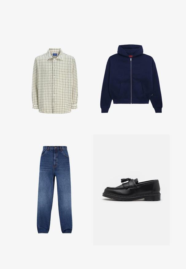 Navy blue zip-up huppari, joka on valmistettu pehmeästä puuvillasekoituksesta. Varustettu etupuolen kengurutaskulla, ribbauslahkeilla ja tilavalla hupulla.; Nappi paita vaalean kermanvärisenä mustalla ruutukuviolla. Valmistettu kevyestä kankaasta, jossa on kauluspanta ja pitkät hihat.; Tummansiniset farkut. Korkeavyötäröinen muotoilu, jossa on rento leikkaus. Edessä on taskut ja lahkeissa on hienovarainen haalistumisvaikutus.; Musta nahkainen loaferi, jossa on tupsuletku, brodeeratut yksityiskohdat reunan ympärillä ja paksu kumipohja kestävyyttä varten.