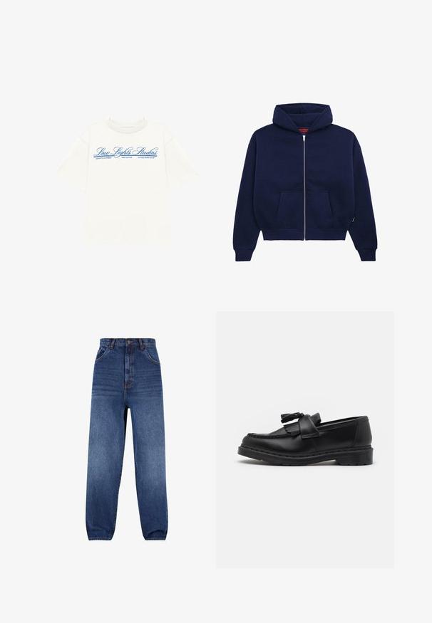 Navy blue zip-up huppari, joka on valmistettu pehmeästä puuvillasekoituksesta. Varustettu etupuolen kengurutaskulla, ribbauslahkeilla ja tilavalla hupulla.; LOW LIGHTS STUDIOS® NATIONAL - Printtipaita - ecru; Tummansiniset farkut. Korkeavyötäröinen muotoilu, jossa on rento leikkaus. Edessä on taskut ja lahkeissa on hienovarainen haalistumisvaikutus.; Musta nahkainen loaferi, jossa on tupsuletku, brodeeratut yksityiskohdat reunan ympärillä ja paksu kumipohja kestävyyttä varten.