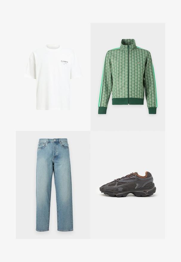 Vihreä urheilutakki, jossa on toistuva geometrinen kuosi, korkea kaulus, vetoketjusuljenta ja erottuvat valkoiset raidat hihojen varrella.; Valkoinen puuvillainen t-paita rennolla istuvuudella, pyöreällä kaula-aukolla ja vasemmassa rinnassa harmaalla tekstillä logo. Sujuva rakenne, lyhyet hihat.; Vaaleansiniset farkut, joissa on löysä malli, suorat lahkeet, viisi taskua ja nappikiinnitys vyötäröllä. Minimalistinen ommel yksityiskohta.; Lacoste-tennar i mörkgrått med nät- och syntetmaterial, med en texturerad sula och bruna accenter på kragen och märket.
