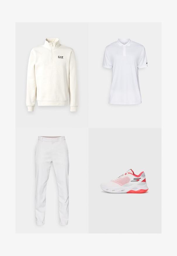 Krämfärgad kvartdragssweatshirt med långa ärmar och EA7 Emporio Armani-logotyp på vänster bröst mot en enfärgad bakgrund.; Vit, kortärmad polo med syntetiskt tyg. Har en kragkrage och en svart Nike-logotyp på vänster ärm.; Vita byxor med en slät väv, slim fit-design och platt fram. Inga synliga fickor eller mönster. Ren fåll vid anklarna.; Vit sportskor med röda accenter, överdel i mesh och dämpad sula med ventilationshål och en logotyp på sidan.
