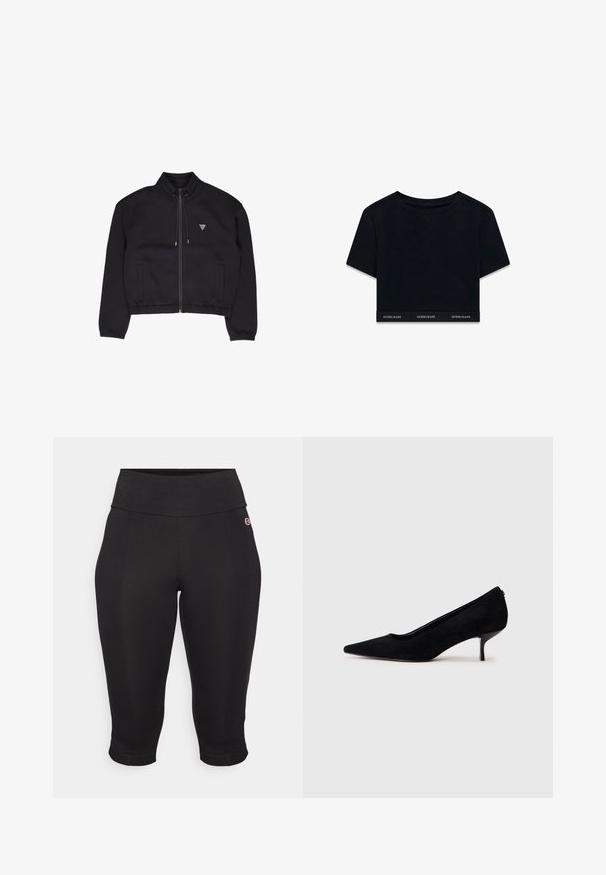 Mustan vetoketjullinen takki, joka on valmistettu pehmeästä kankaasta. Takissa on korkea kaulus, sivutaskut ja pieni kolmiomainen logo rinnassa.; Mustat lyhyet hihat, pyöreä pääntie ja pehmeä kangas. Hemmasta löytyy tuotemerkki "GUESS JEANS" valkoisella.; Musta capri-legginssit, jotka on valmistettu joustavasta kankaasta. Korkea vyötärö, jossa on sileä pinta, tiukasti istuvat lahkeissa ja nilkkapituiset hihnat.; Musta mokkanahkainen korkokenkä, jossa on teräväkärkinen muotoilu ja ohut, matala korko. Pintakuvio on sileä ja yksinkertainen, eikä siinä ole näkyvää metalliosaa.