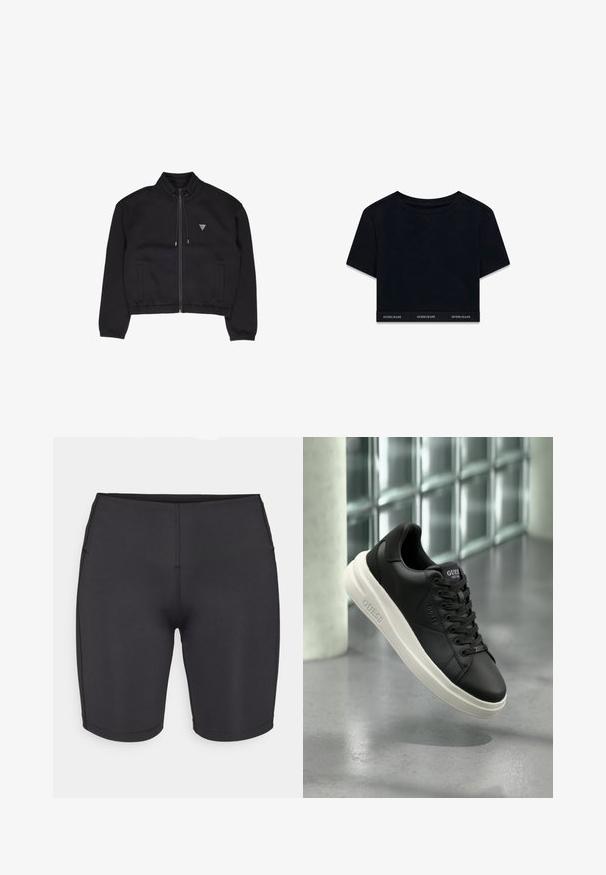 Jachetă neagră cu fermoar, dintr-un material moale, având un guler înalt, buzunare laterale și un mic logo triangular pe piept.; T-shirt scurt negru dintr-un material moale, cu mâneci scurte și decolteu rotund. Are o bandă branduită la tiv cu "GUESS JEANS" în alb.; Even&Odd active LOW RISE CYCLING SHORTS
- Leggings - black; Adidași Guess negri cu talpă albă, șireturi și brand pe lateral și pe limbă, expuși pe un fundal cu zid de blocuri de sticlă.