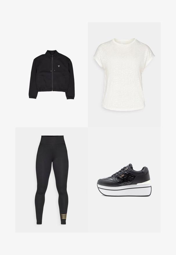 Črna jakna na zadrgo iz mehkega materiala, z visokim ovratnikom, stranskimi žepi in malim trikotnim logotipom na prsih.; Bela kratka majica s kratkimi rokavi z teksturiranim cvetličnim vzorcem, okroglim ovratnikom in sproščenim krojem. Narejena iz mehke, lahke tkanine.; Črne visok pas leggings iz raztegljivega materiala. Imajo gladko teksturo in tri vodoravne zlate črte na spodnjem levem nogu.; Črne platform teniske z sijočo površino, z embossiranim vzorcem lobanje, srebrnimi dodatki in belim gumijastim podplatom.