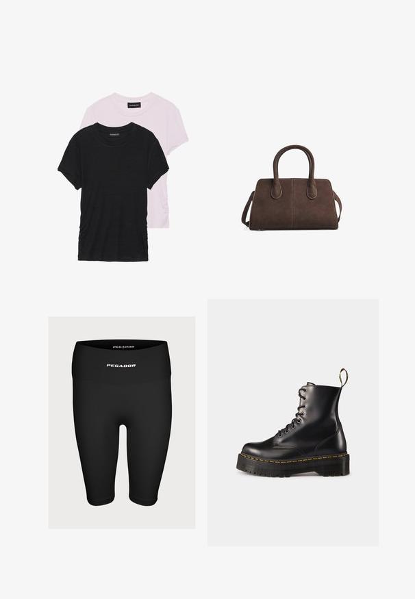 Kremlas rāvējslēdzēja kardigāns ar augstu apkakli, ar tumši brūnām sānu svītrām, ribotām aprocēm un divām priekšējām kabatām. Adīta tekstūra.; Divas T-krekli: viens melns un viens gaiši rozā. Abi ir ar apaļiem kakla izgriezumiem un īsām piedurknēm, izgatavoti no mīksta, viegla auduma.; Melnas sporta bikses, kas izgatavotas no elastīga auduma, ar augstu jostu un baltu logotipu "PEGADOR" priekšā.; Melnas ādas lakotās potītes ar masīvu melnu zoli un dzelteno šuvju. Izvērsta cilpa aizmugurē un apaļie metāla acu caurumi.; Brūna zamšāda rokassoma ar divām augšējām rokturiem, strukturētu dizainu un noņemamu plecu siksnu. Iezīmējas ar gludu tekstūru un minimālām akcentēm.