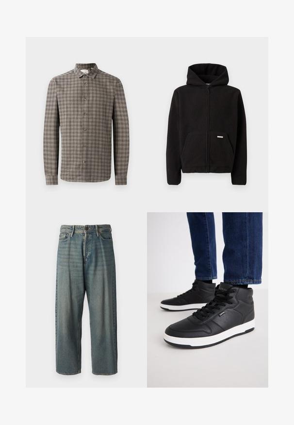 Felpa nera con zip e cappuccio, tasca frontale e tessuto testurizzato. Presenta un'etichetta piccola sulla tasca.; Camicia a maniche lunghe con bottoni in un motivo a quadri marrone e grigio, caratterizzata da un colletto classico e chiusure a bottoni lungo la parte anteriore.; Jeans di denim azzurro chiaro con vestibilità ampia, vita media e gambe dritte. Presenta cinque tasche, passanti per cintura e chiusura con bottone.; Sneaker alte nere in pelle testurizzata, con lacci neri, suola in gomma bianca e un piccolo logo sul lato.