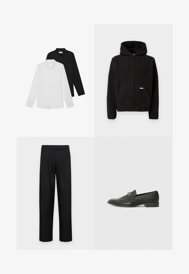 Mustat fleece-tyyppinen vetoketjullinen huppari, jossa on huppu, etutasku ja teksturoitu kangas. Taskussa on pieni etiketti.; Valkoiset ja mustat pitkähihaiset paidat, joissa on terävät kaulukset, napit edessä ja sileä kangas. Tunnisteet näkyvillä sisäkauluksessa.; Mustat housut, jotka on valmistettu sileästä kankaasta, suoran lahkeen muotoilulla, kahdella etupleekillä ja tavanomaisella vyötäröllä, jossa on vyölenkit.; Musta nahkakengät, joissa on sileä pinta, koristeelliset ompeleet ja metalliketjun yksityiskohta kengän päällä. Littee korko.