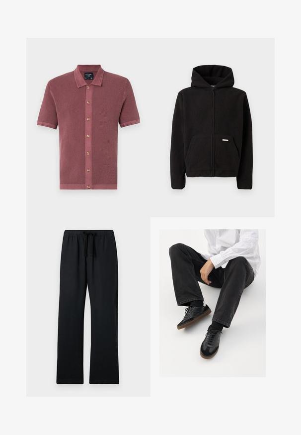 Must mustaga, millel on kapuuts, ees tasku ja tekstureeritud kangas. Taskul on väike silt.; Lühikeste varrukatega tekstureeritud polo särk tolmust roosas, millel on nööpidega eesmine osa puidust nööpidega ja kontrastne krae.; Mustad, lõdvad püksid elastse vöökoha ja reguleeritava nööri külge. Sile kangas, sirge jala disain ja ilma mustriteta.; Mustad spordijalatsid siledast ja tekstuurilisest ülemisest osast, millel on kummist tald ja tumedad nöörid. Kombineeritud mustade teksade ja valge triibulise särgiga.