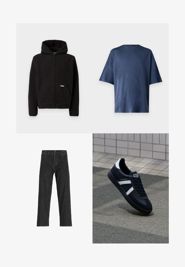 Hoodie zippé noir en polaire avec capuche, poche avant et tissu texturé. Présente une petite étiquette sur la poche.; T-shirt navy bleu à manches courtes, fabriqué en tissu doux, présente un col rond classique et une coupe décontractée, sans motifs ni accents visibles.; Jean en denim noir avec une coupe droite, dotée d'une fermeture éclair, de passants de ceinture et de six poches, confectionnée dans un tissu en coton robuste.; Sneaker en cuir noir avec des rayures blanches, semelle en caoutchouc texturée et devant à lacets. Présente une étiquette de marque sur la languette.