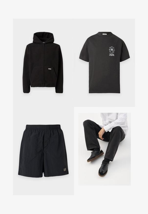 Melnas vilnas džemperis ar rāvējslēdzēju, kapuci, priekšējo kabatu un fakturētu audumu. Uz kabatas atrodas neliela etiķete.; Melna kokvilnas T-kreklā ar apaļu kaklu un īsām piedurknēm. Uz kreisās krūšu daļas ir baltas krāsas zirnekļa tīkla grafika. Vienkāršs un ikdienišķs dizains.; Melnās šortos ar elastīgu jostu, ar logotipa birku apakšējā labajā stūrī, izgatavoti no viegla auduma ar krunkotu tekstūru.; Melnas sporta kurpes ar gludu un teksturētu virsu, apgādātas ar gumijas zoli un tumšiem auklām. Saskaņotas ar melniem džinsiem un baltu svītrainu krekls.