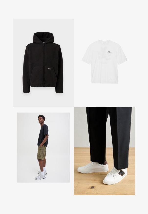 Black fleece zip-up hoodie with a hood, front pocket, and textured fabric. Features a small label on the pocket.; White cotton t-shirt with short sleeves, featuring a front print that reads "Soar into Tranquility" in black and green.; Black short-sleeve t-shirt, olive green cargo shorts with pockets, white ankle socks, and silver athletic shoes, standing against a neutral background.; White sneakers with smooth texture, featuring brown leather accents and black detailing, paired with black tailored pants. Wooden floor background.