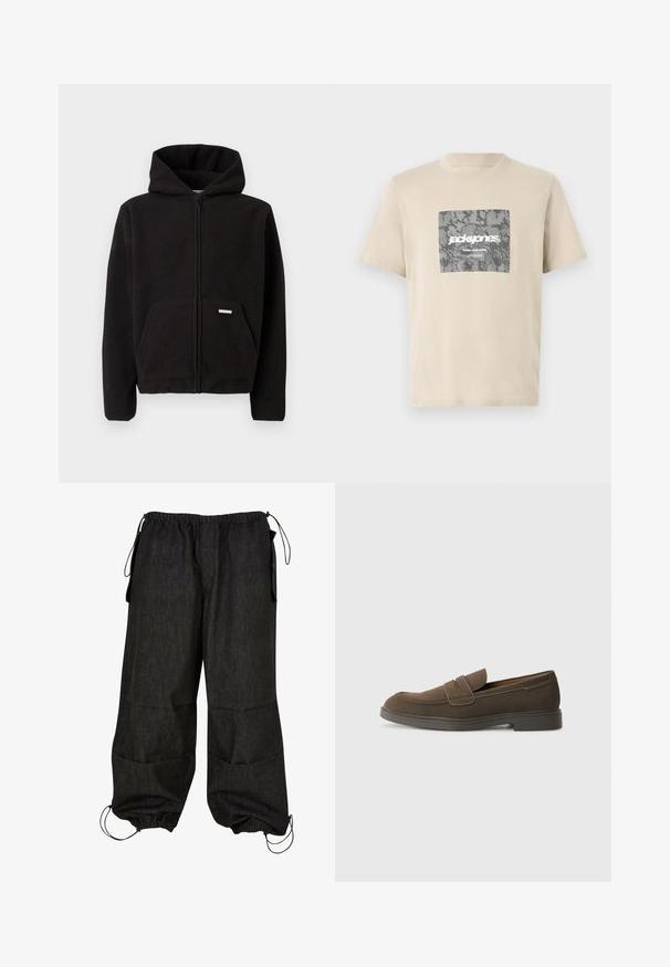 Zwarte fleece zip-up hoodie met een capuchon, een voorzak en een gestructureerde stof. Heeft een klein label op de zak.; Beige katoenen t-shirt met een grijze camouflage vierkant grafiek met de teksten "jack&jones" en "CORE NINE ZERO". Ronde hals en korte mouwen.; Zwarte, relaxte cargo pants met elastische tailleband, zijzakken en verstelbare cinch aan de onderkant. Gemaakt van duurzaam denimstof.; Bruine suède instap schoenen met een ronde neus, een band over de wreef en een plat rubberen zool. Eenvoudig ontwerp met strakke lijnen en minimale details.