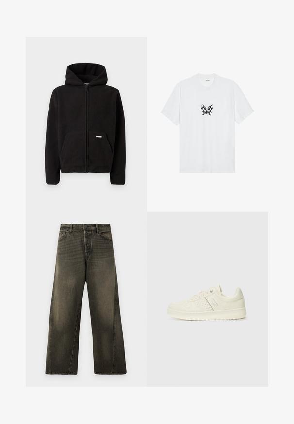 Black fleece zip-up hoodie with a hood, front pocket, and textured fabric. Features a small label on the pocket.; White cotton t-shirt with short sleeves and a crew neck. Features a central black flame-patterned butterfly graphic. Smooth texture.; High-waisted, wide-leg black faded jeans with front button and zip closure, and standard front pockets.; Cream-colored sneaker with perforated detailing, laces, and logo on the side, displayed against a plain white background.
