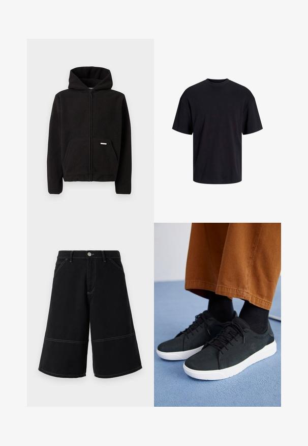 Czarna polarowa bluza z kapturem na zamek, z przednią kieszenią i teksturowanym materiałem. Posiada małą metkę na kieszeni.; Czarna bawełniana koszulka z okrągłym dekoltem, krótkimi rękawami i luźnym krojem. Gładka tekstura, bez widocznych wzorów czy akcentów.; Czarne szorty dżinsowe o szerokim kroju, z kontrastowymi żółtymi szwami oraz kieszeniami z przodu. Materiał ma gładką, mocną teksturę.; Czarne zamszowe trampki z białymi gumowymi podeszwami, z wiązaniem, teksturowanymi akcentami i subtelnym logo, w połączeniu z brązowymi spodniami.