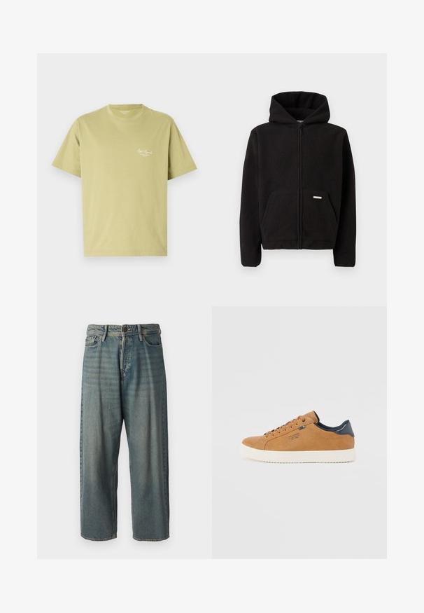 Black fleece zip-up hoodie with a hood, front pocket, and textured fabric. Features a small label on the pocket.; Light green cotton t-shirt with short sleeves, a round neckline, and a small white logo text on the left chest area.; Light blue denim jeans with a loose fit, mid-rise waist, and straight legs. Features five pockets, belt loops, and a button closure.; Brown leather sneaker with a white rubber sole, featuring round laces, a blue accent, and a smooth texture. Simple, low-profile design.